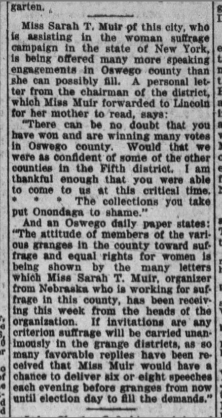 Newspaper article detailing Sarah Muir's suffrage speaking in New York