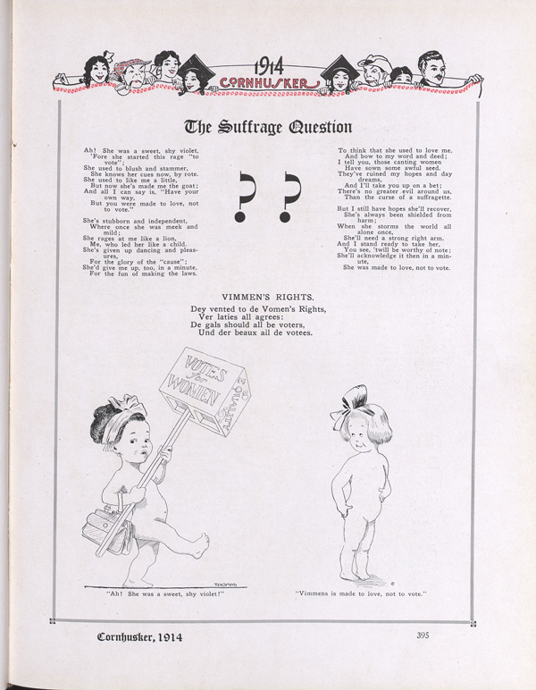 Cornhusker Yearbook page with poem "The Suffrage Question"