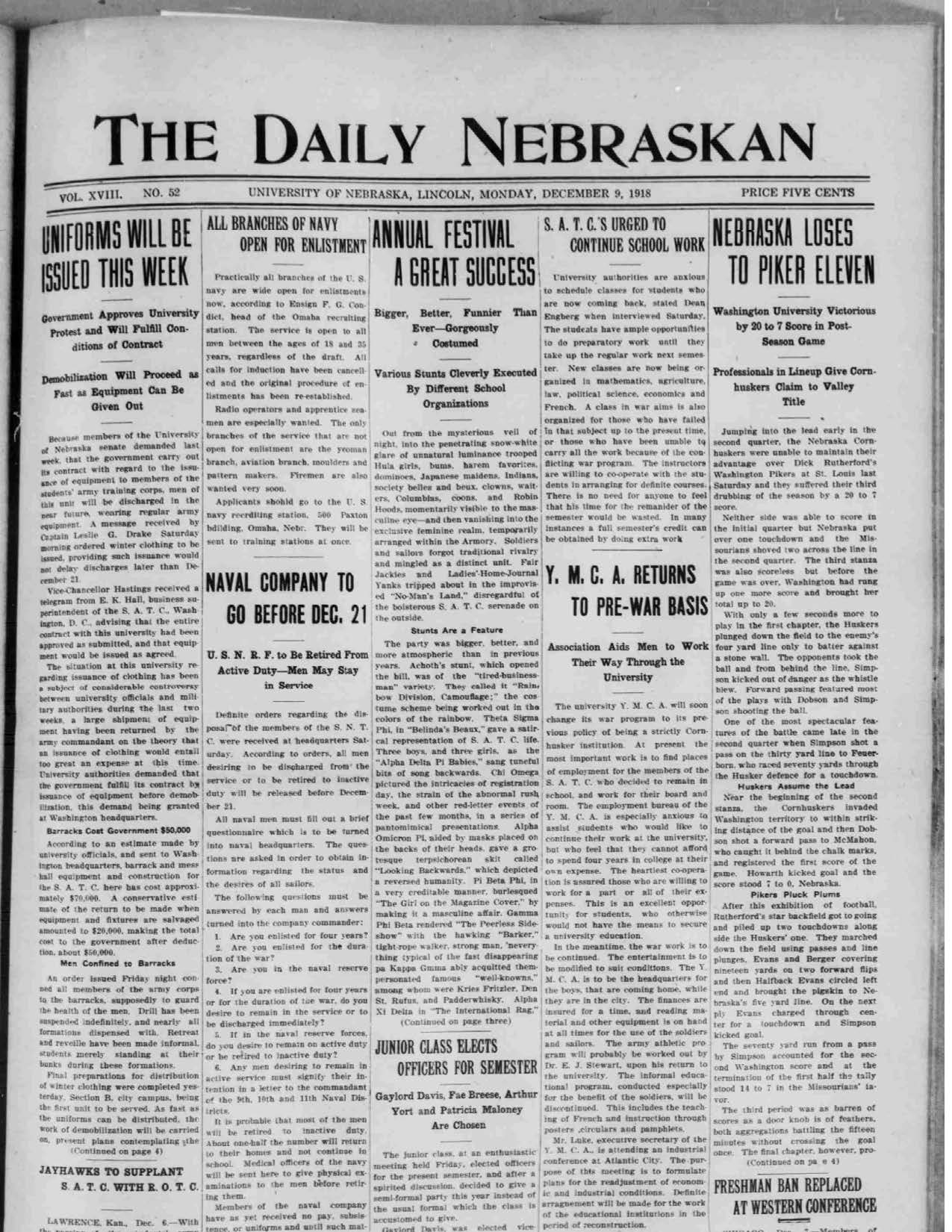 Front page Daily Nebraskan, 1918-12-09