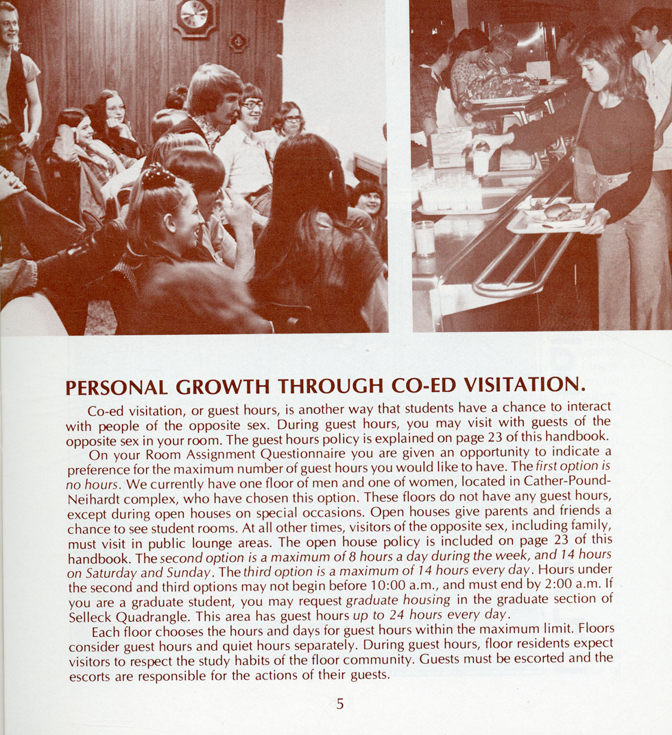 Pamphlet that reads "personal growth through co-ed visitation"