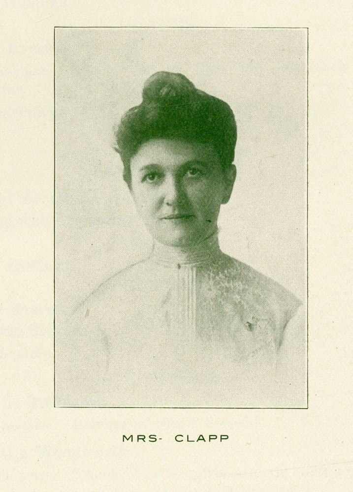 A black and white portrait of a woman captioned "Mrs. Clapp"