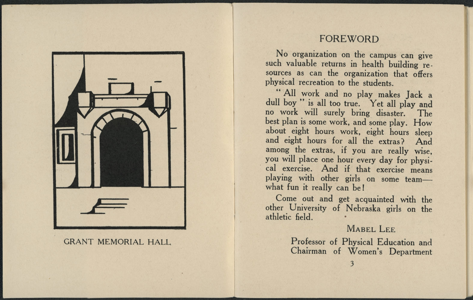 A drawn depiction of Grant Memorial Hall and a typed foreword