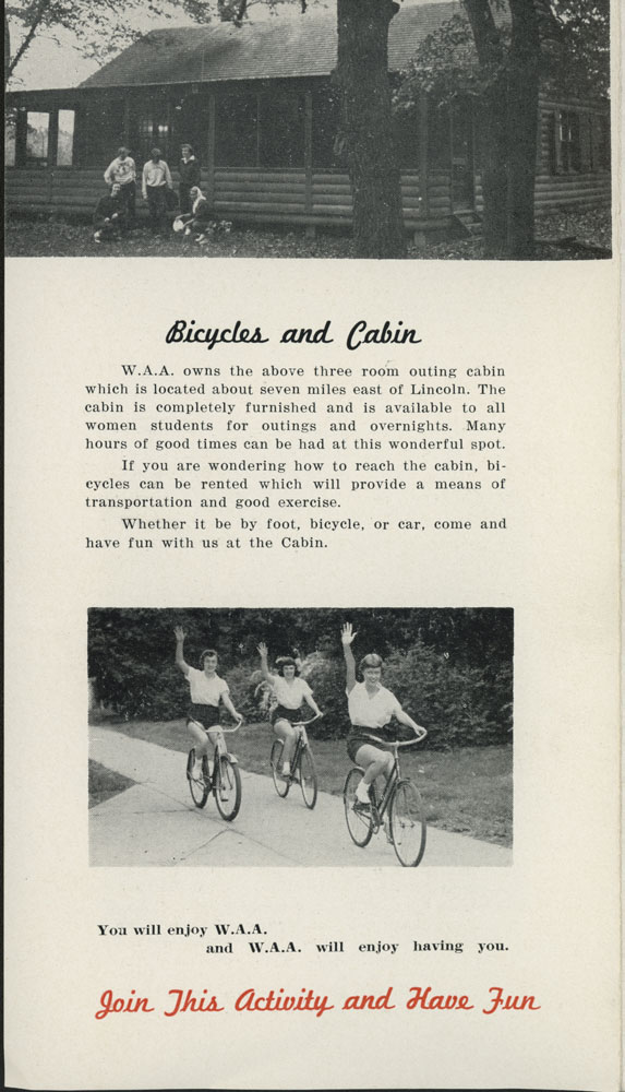 A page of a pamphlet with two black and white photographs titled "Bicycles and Cabin"