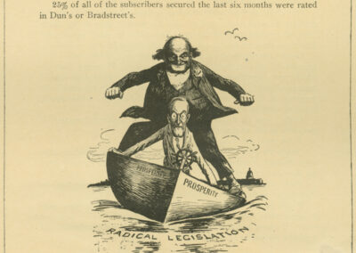 A political cartoon of Wilson trying to hold a boat steady as it goes through radical legislation