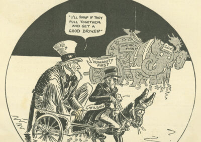 A political cartoon showing Uncle Sam sitting in Wilson's cart