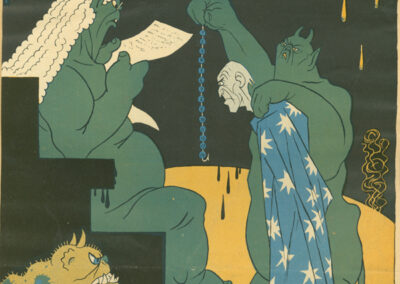 A color cartoon of two green devils reading paper to Wilson and dangling a hook in front of him