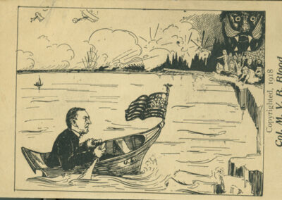 A political cartoon showing Wilson rowing a boat towards a distressed Europe
