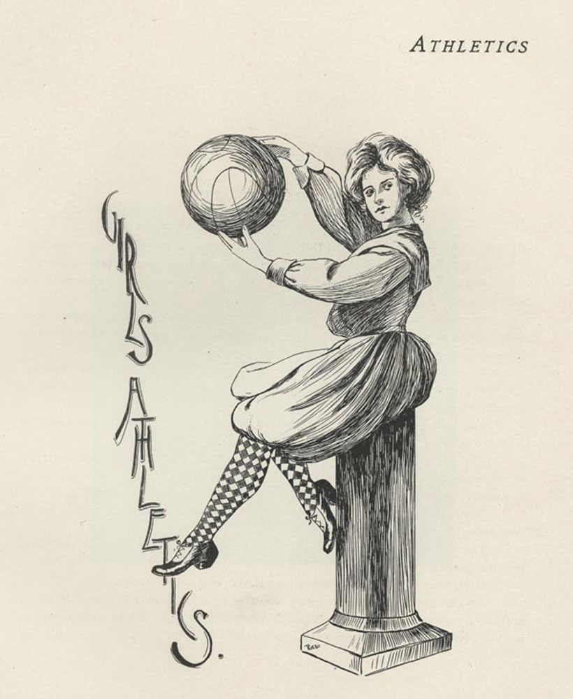 A drawing of a woman holding a basketball with the words "Girls Athletics"