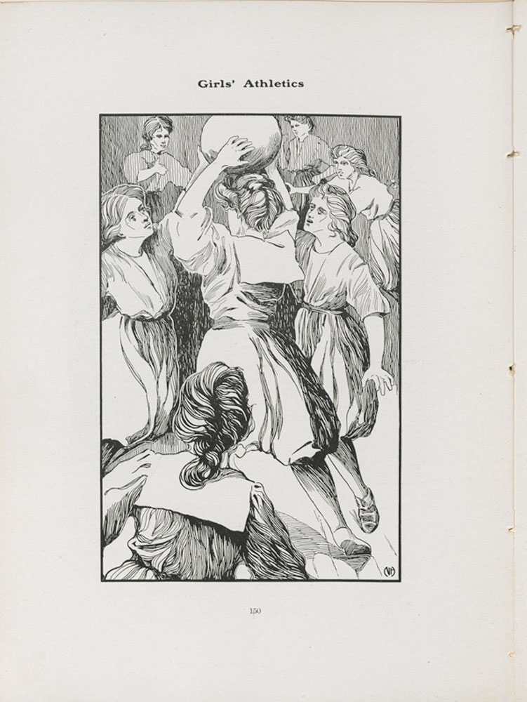 A drawing of women playing basketball with the caption titled "Girls' Athletics"