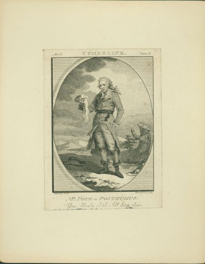 Engraved full length portrait of an actor holding a possible scarf.