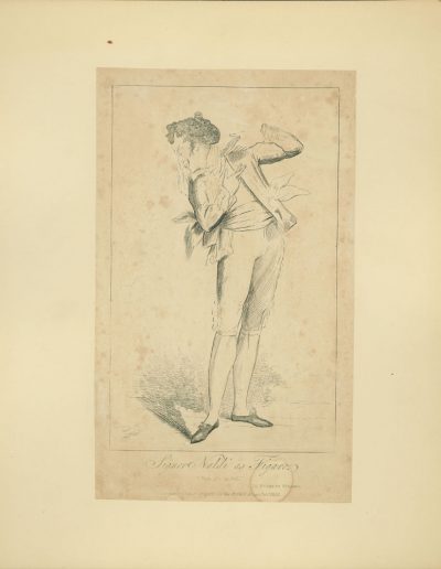 Engraved portrait of actor gesturing.